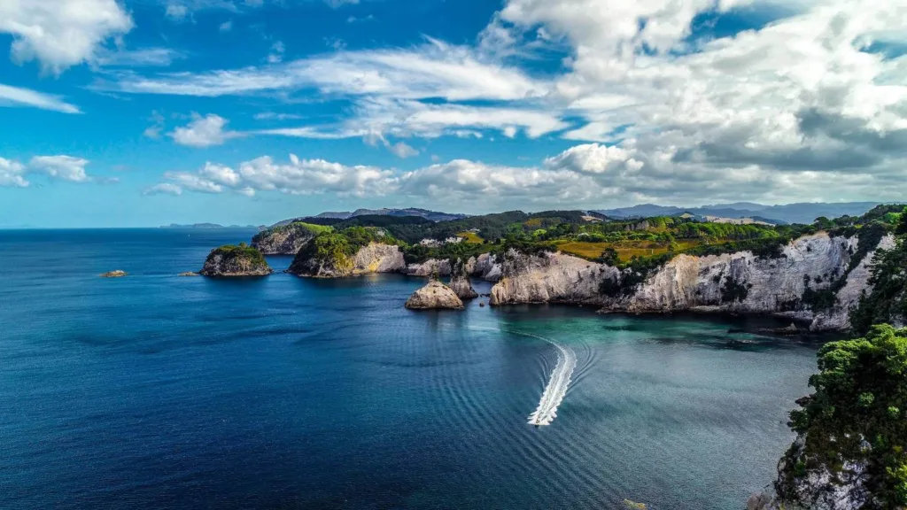 View of a boat sailing off the Coromandel Coast