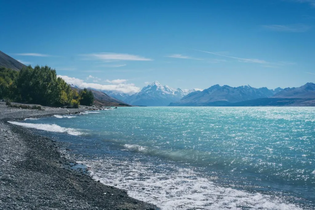 Photo of lake, with mountain range behind