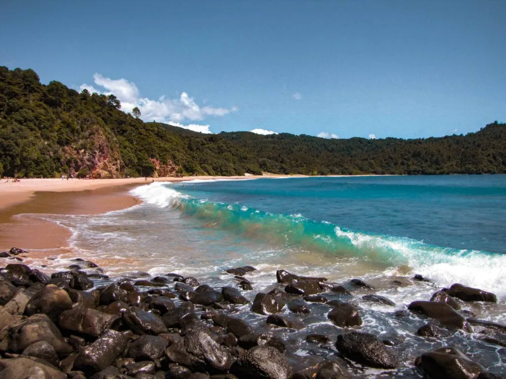 View of waves breaking on New Chums beach