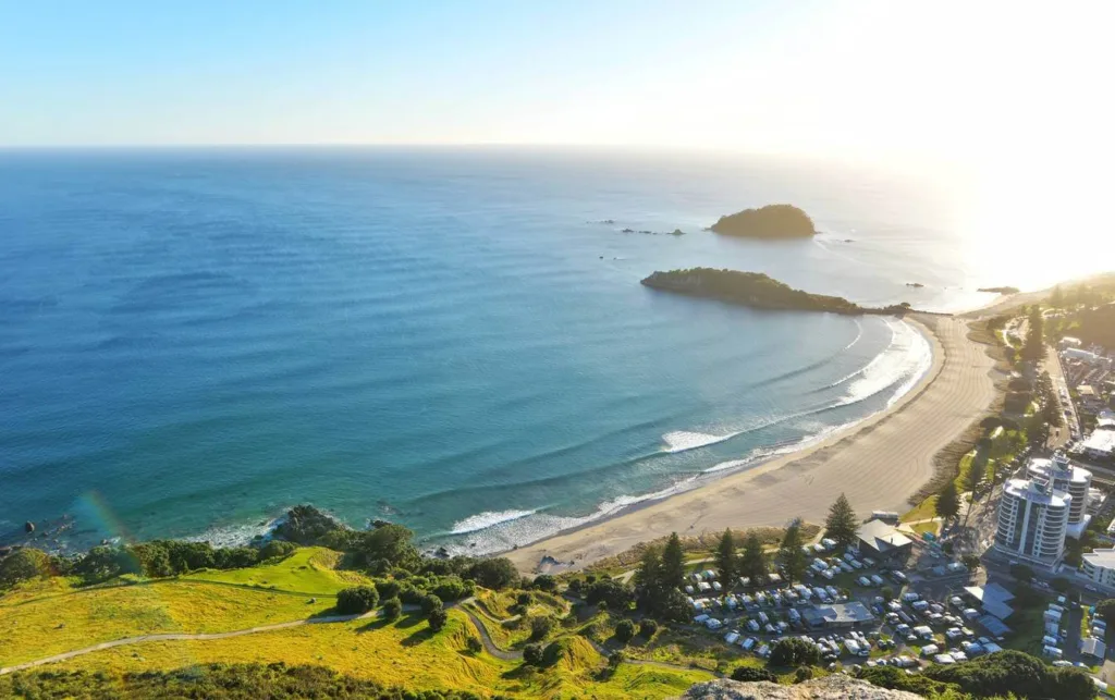 View of beach in Tauranga from a hill